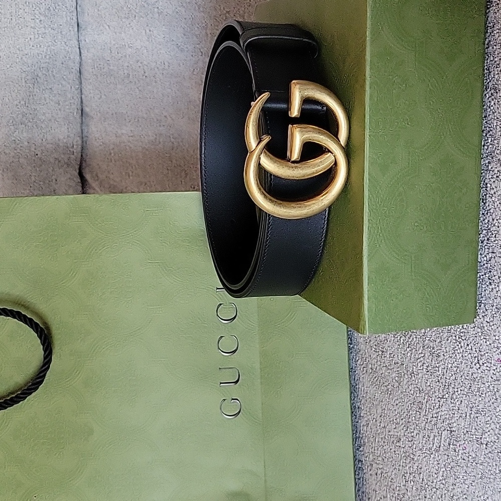 Gucci Signature Black Leather Belt with Gold GG Marmont WIDE Buckle  Sz 90 Cm